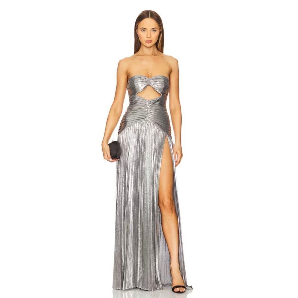 Retrofete Mallory Dress Large Aluminum Silver Metallic Pleated Cutout Gown NWT